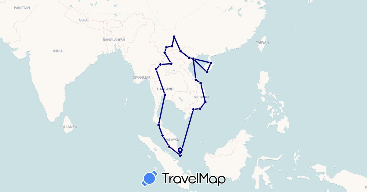 TravelMap itinerary: driving in China, Laos, Malaysia, Singapore, Thailand, Vietnam (Asia)